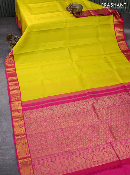 Pure kanchipuram silk saree lime yellow and pink with zari woven buttas and annam zari woven korvai border