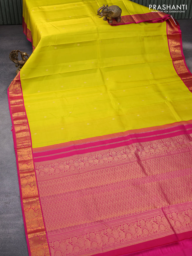 Pure kanchipuram silk saree lime yellow and pink with zari woven buttas and annam zari woven korvai border