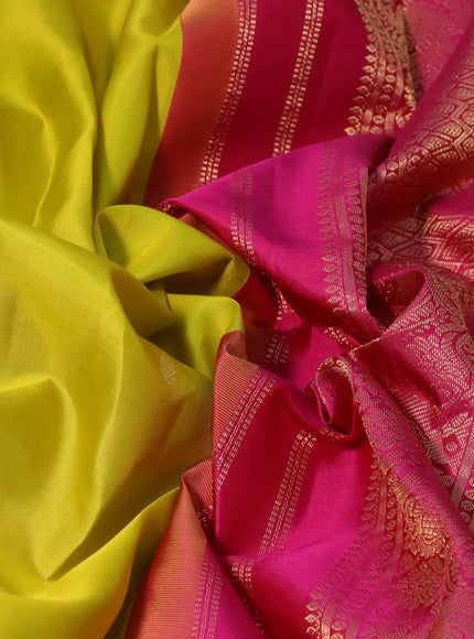 Pure kanchipuram silk saree lime yellow and pink with zari woven buttas and annam zari woven korvai border