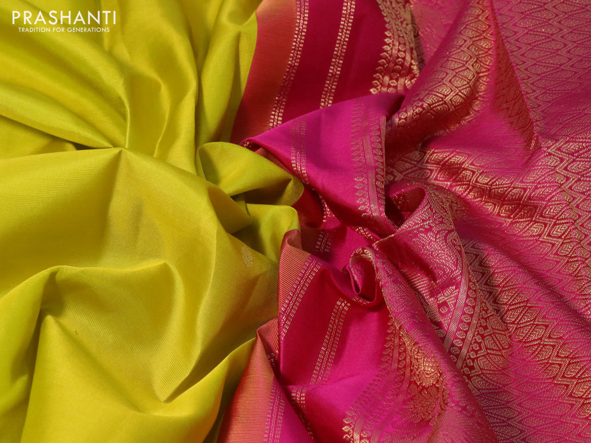 Pure kanchipuram silk saree lime yellow and pink with zari woven buttas and annam zari woven korvai border