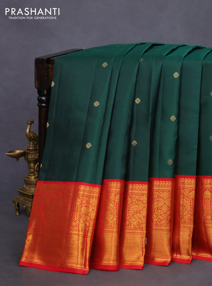 Pure kanchipuram silk saree dark green and red with zari woven buttas and long zari woven korvai border