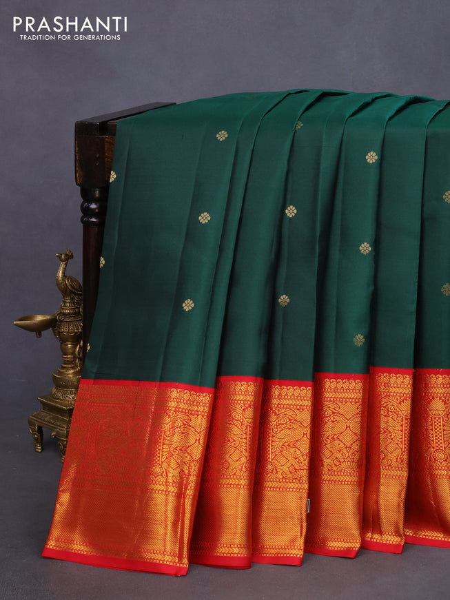 Pure kanchipuram silk saree dark green and red with zari woven buttas and long zari woven korvai border