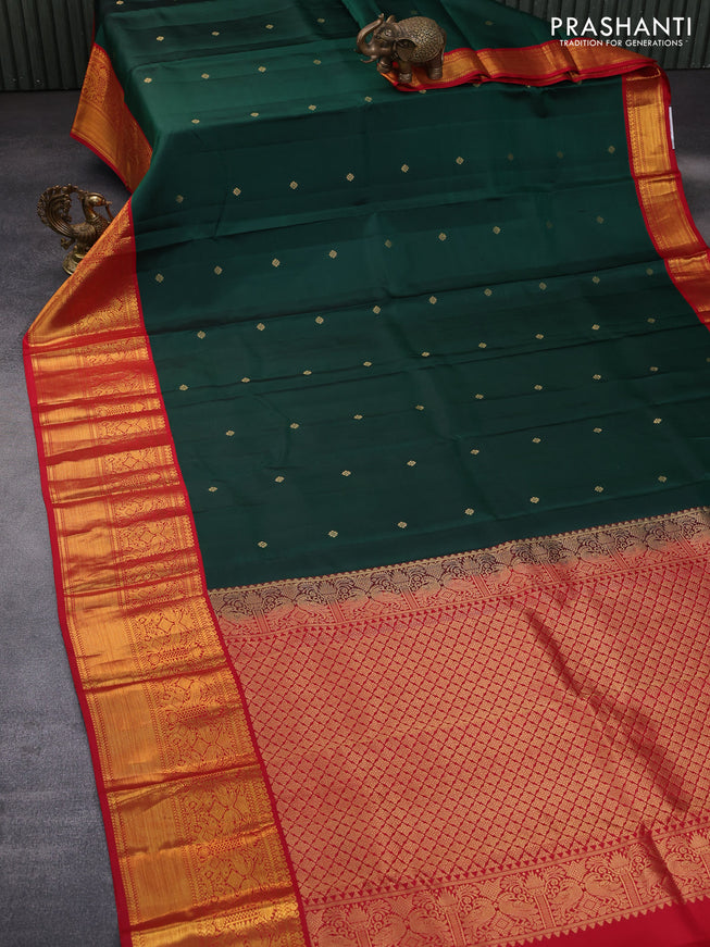 Pure kanchipuram silk saree dark green and red with zari woven buttas and long zari woven korvai border