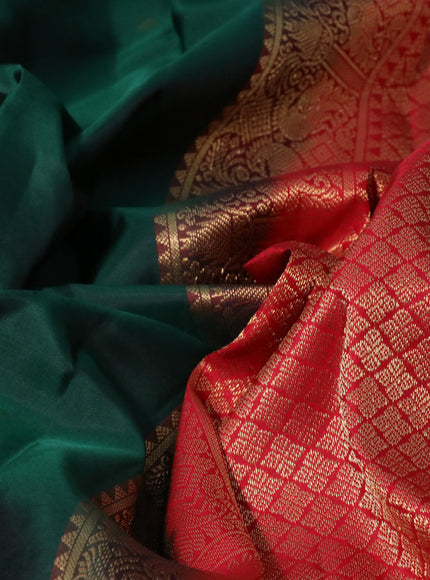 Pure kanchipuram silk saree dark green and red with zari woven buttas and long zari woven korvai border