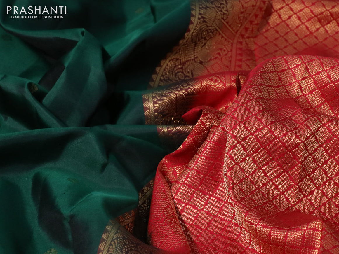 Pure kanchipuram silk saree dark green and red with zari woven buttas and long zari woven korvai border