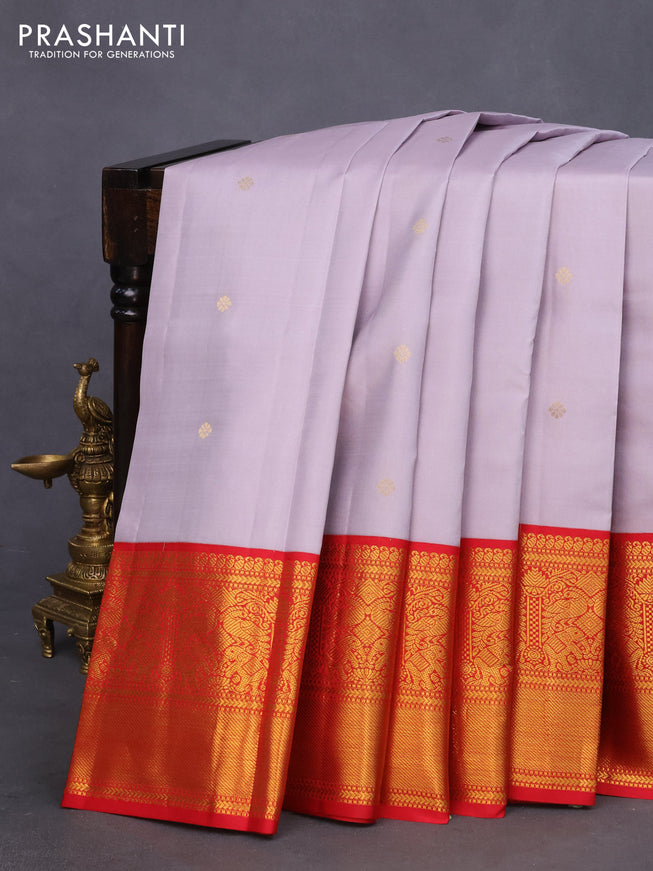 Pure kanchipuram silk saree pastel lavender and red with zari woven buttas and long zari woven korvai border