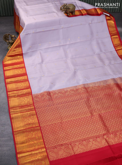 Pure kanchipuram silk saree pastel lavender and red with zari woven buttas and long zari woven korvai border