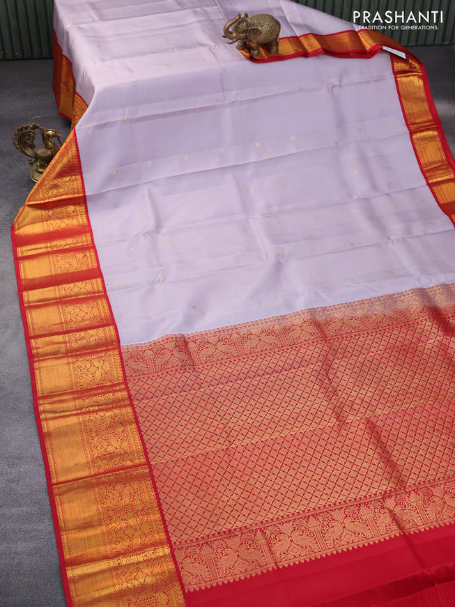 Pure kanchipuram silk saree pastel lavender and red with zari woven buttas and long zari woven korvai border