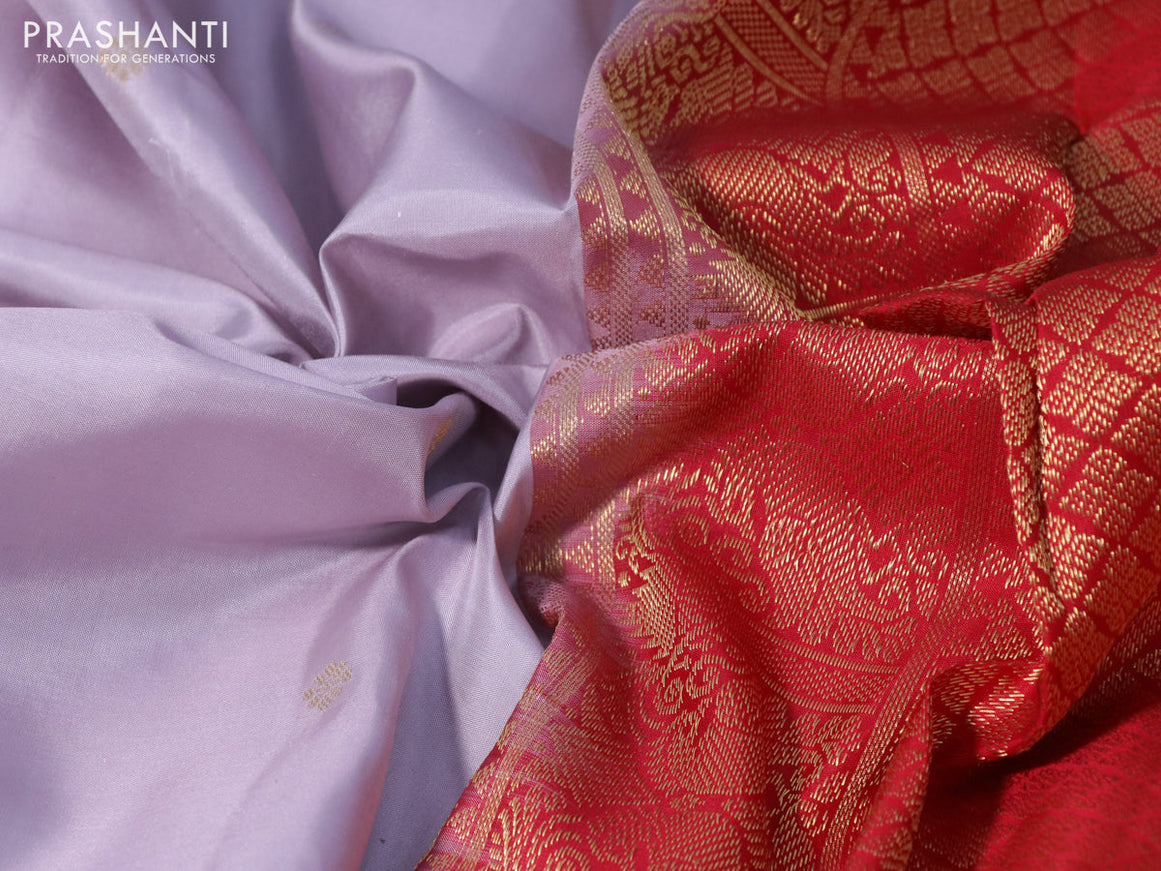 Pure kanchipuram silk saree pastel lavender and red with zari woven buttas and long zari woven korvai border