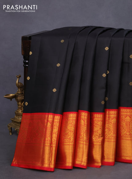 Pure kanchipuram silk saree black and red with zari woven buttas and long zari woven korvai border