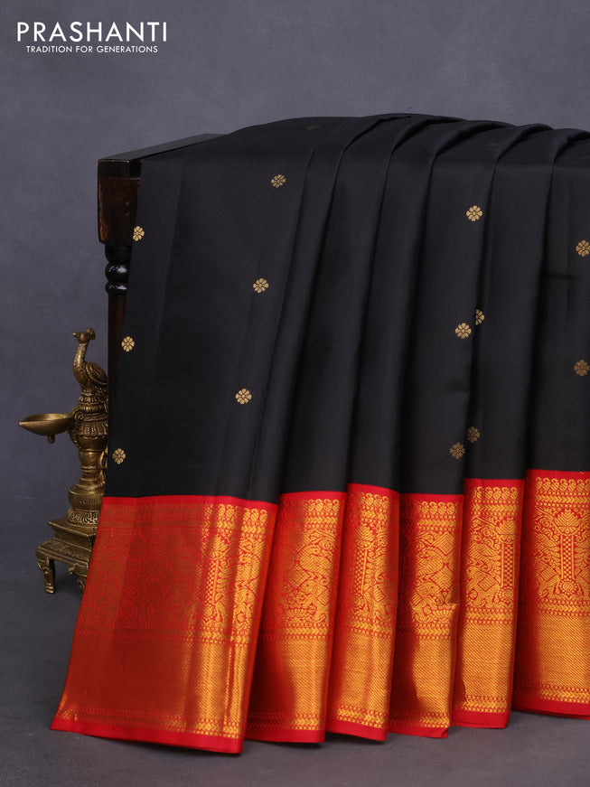 Pure kanchipuram silk saree black and red with zari woven buttas and long zari woven korvai border