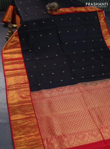 Pure kanchipuram silk saree black and red with zari woven buttas and long zari woven korvai border