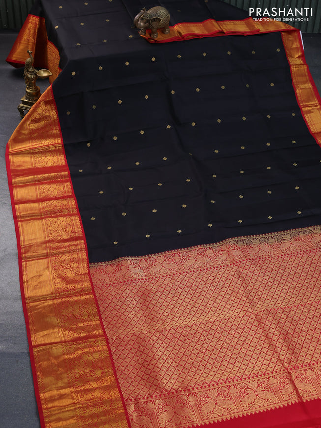 Pure kanchipuram silk saree black and red with zari woven buttas and long zari woven korvai border