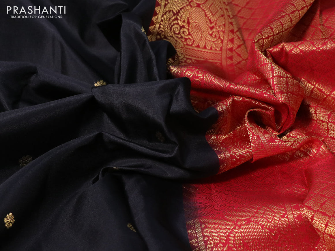 Pure kanchipuram silk saree black and red with zari woven buttas and long zari woven korvai border