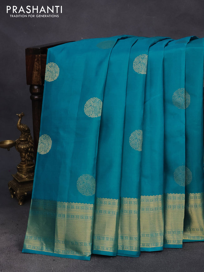 Pure kanchipuram silk saree teal blue and dual shade of pink with zari woven buttas and zari woven border