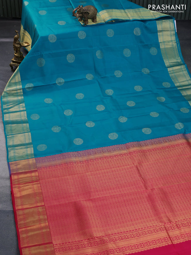 Pure kanchipuram silk saree teal blue and dual shade of pink with zari woven buttas and zari woven border