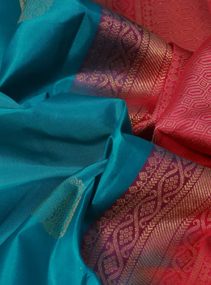 Pure kanchipuram silk saree teal blue and dual shade of pink with zari woven buttas and zari woven border