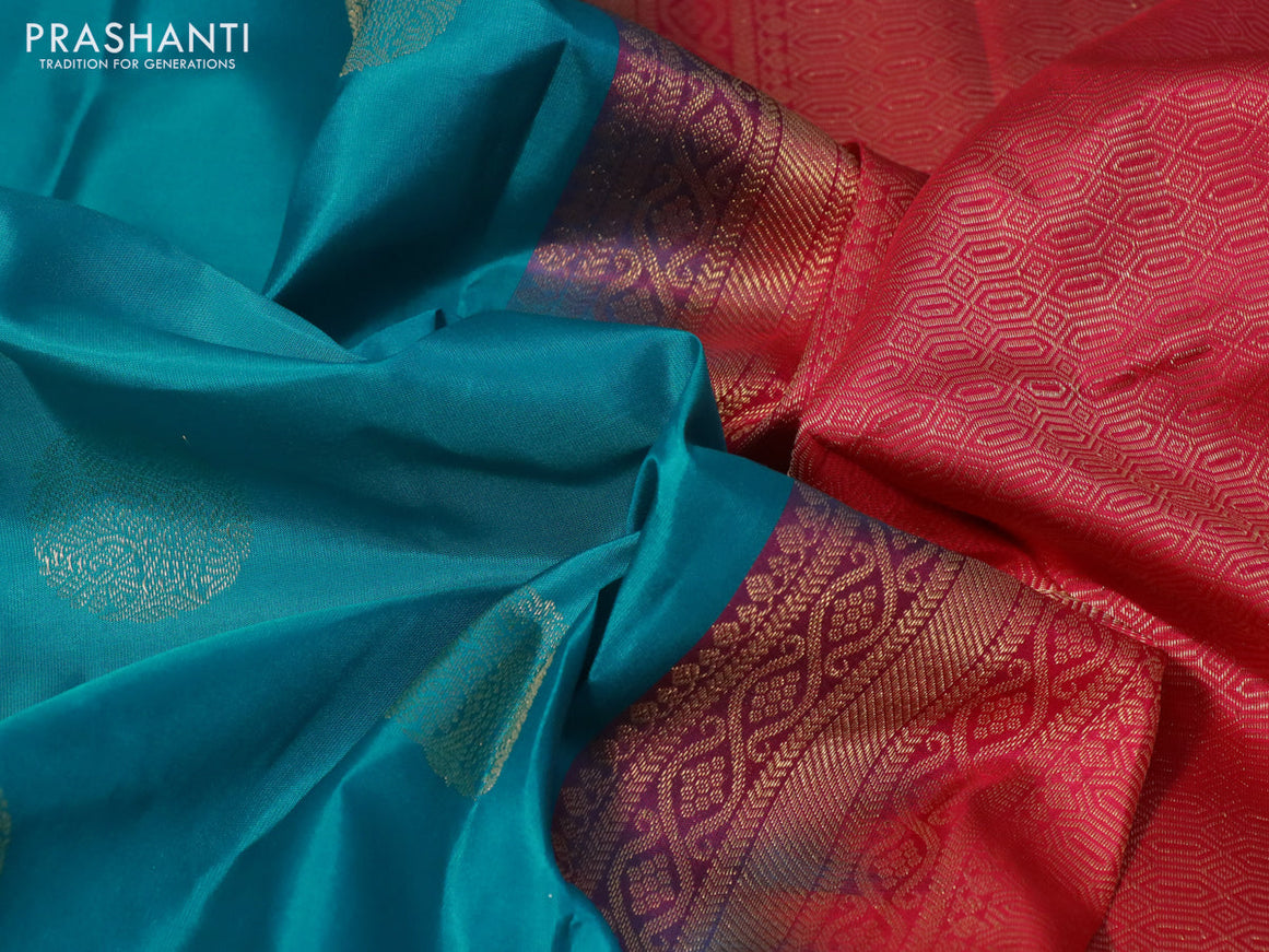 Pure kanchipuram silk saree teal blue and dual shade of pink with zari woven buttas and zari woven border