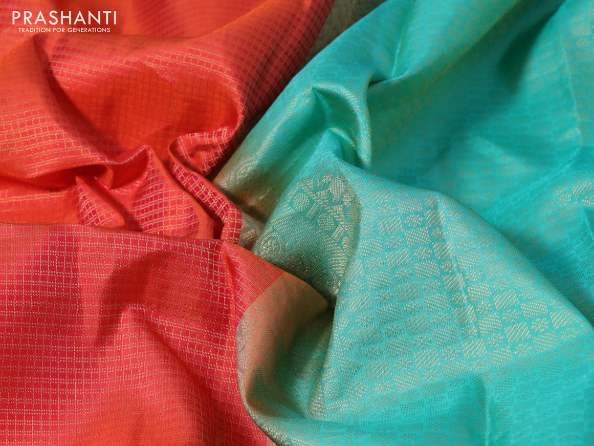 Pure kanchipuram silk saree dual shade of orange and teal blue with allover zari checked pattern and zari woven border