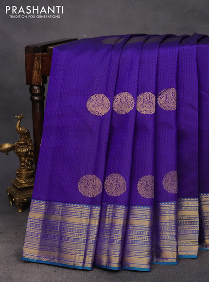 Pure kanchipuram silk saree blue and teal green with allover self emboss & zari buttas and zari woven border