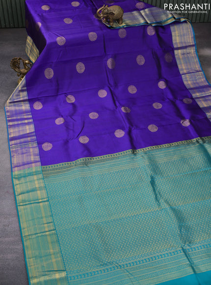 Pure kanchipuram silk saree blue and teal green with allover self emboss & zari buttas and zari woven border