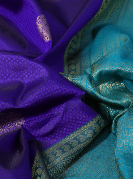 Pure kanchipuram silk saree blue and teal green with allover self emboss & zari buttas and zari woven border