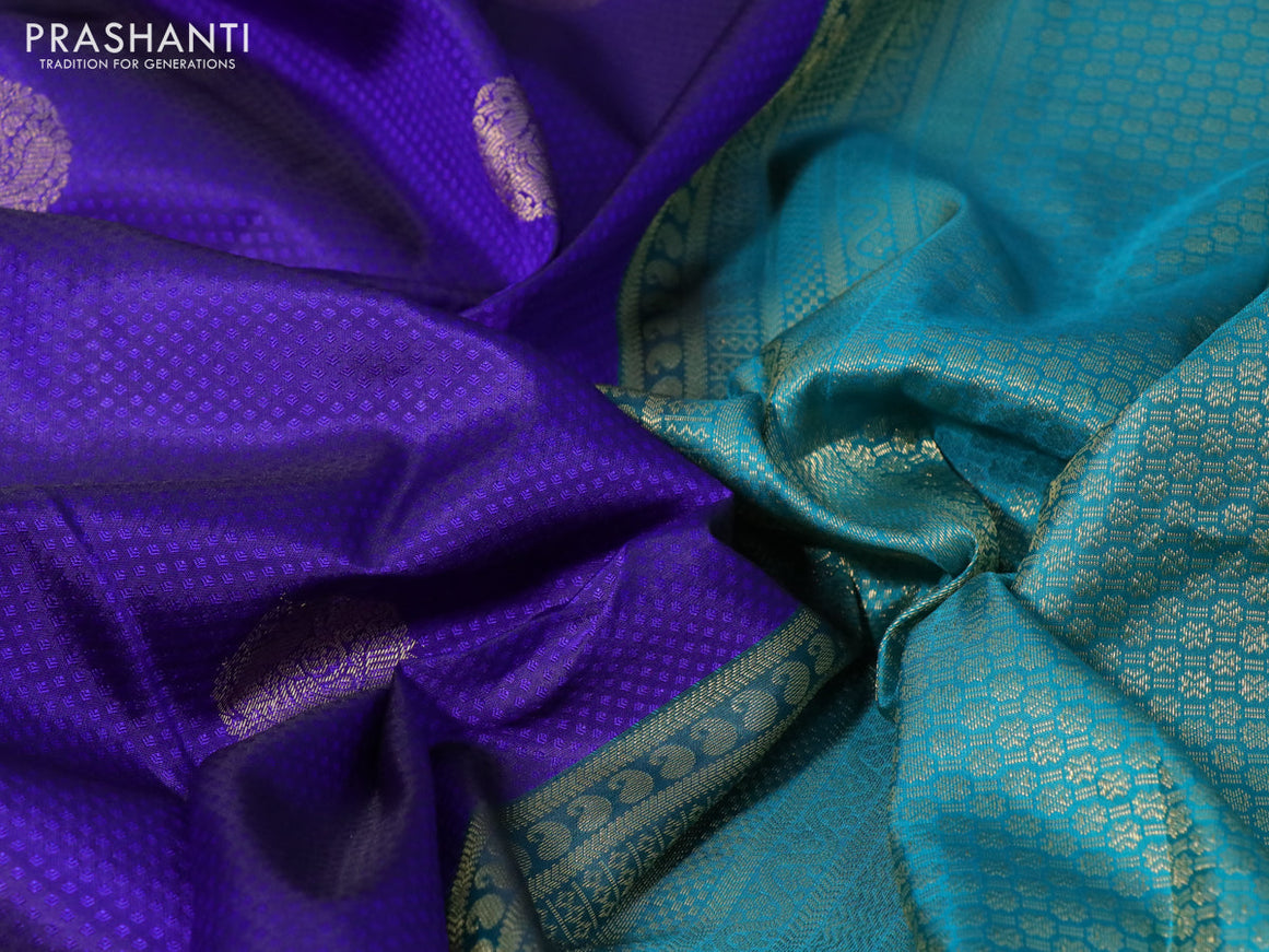 Pure kanchipuram silk saree blue and teal green with allover self emboss & zari buttas and zari woven border