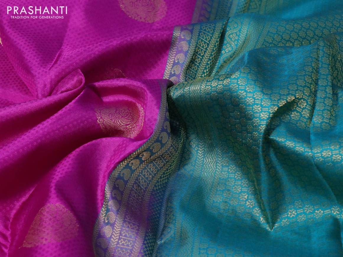 Pure kanchipuram silk saree purple and teal green with allover self emboss & zari buttas and zari woven border