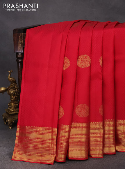 Pure kanchipuram silk saree red and blue with allover self emboss & zari buttas and zari woven border