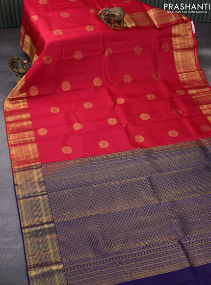 Pure kanchipuram silk saree red and blue with allover self emboss & zari buttas and zari woven border