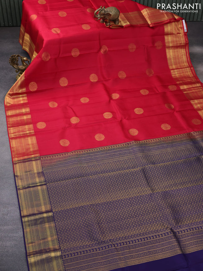 Pure kanchipuram silk saree red and blue with allover self emboss & zari buttas and zari woven border