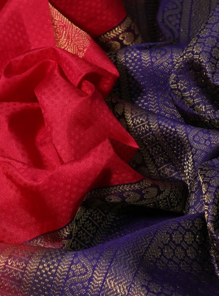 Pure kanchipuram silk saree red and blue with allover self emboss & zari buttas and zari woven border