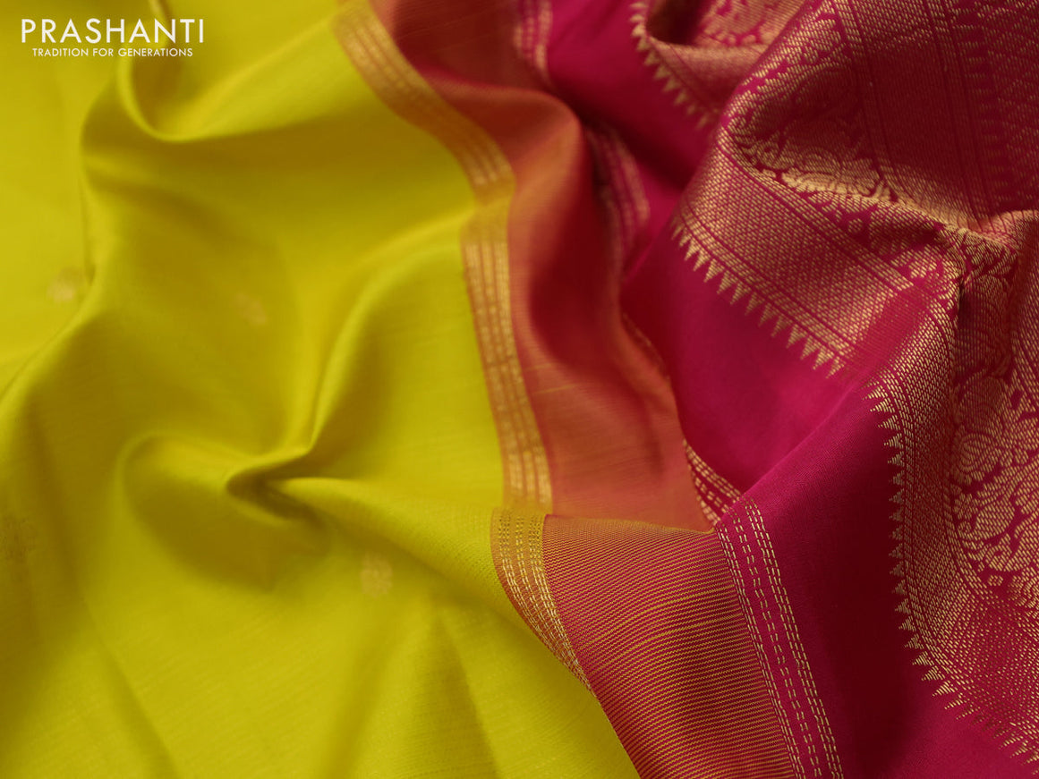 Pure kanchipuram silk saree yellow and pink with allover zari weaves & buttas and zari woven korvai border