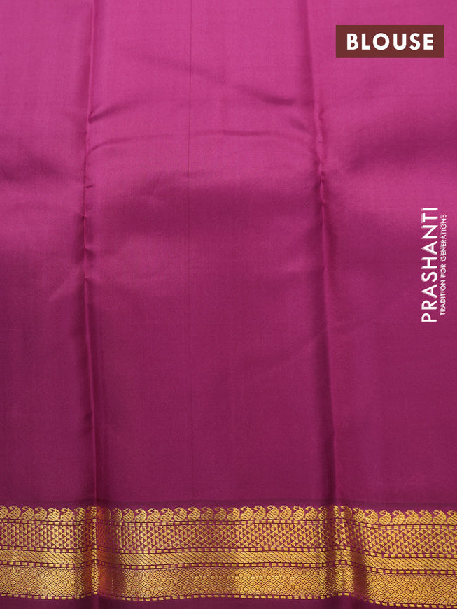 Pure kanchipuram silk saree peacock blue and dark magenta pink with zari woven buttas and zari woven korvai border