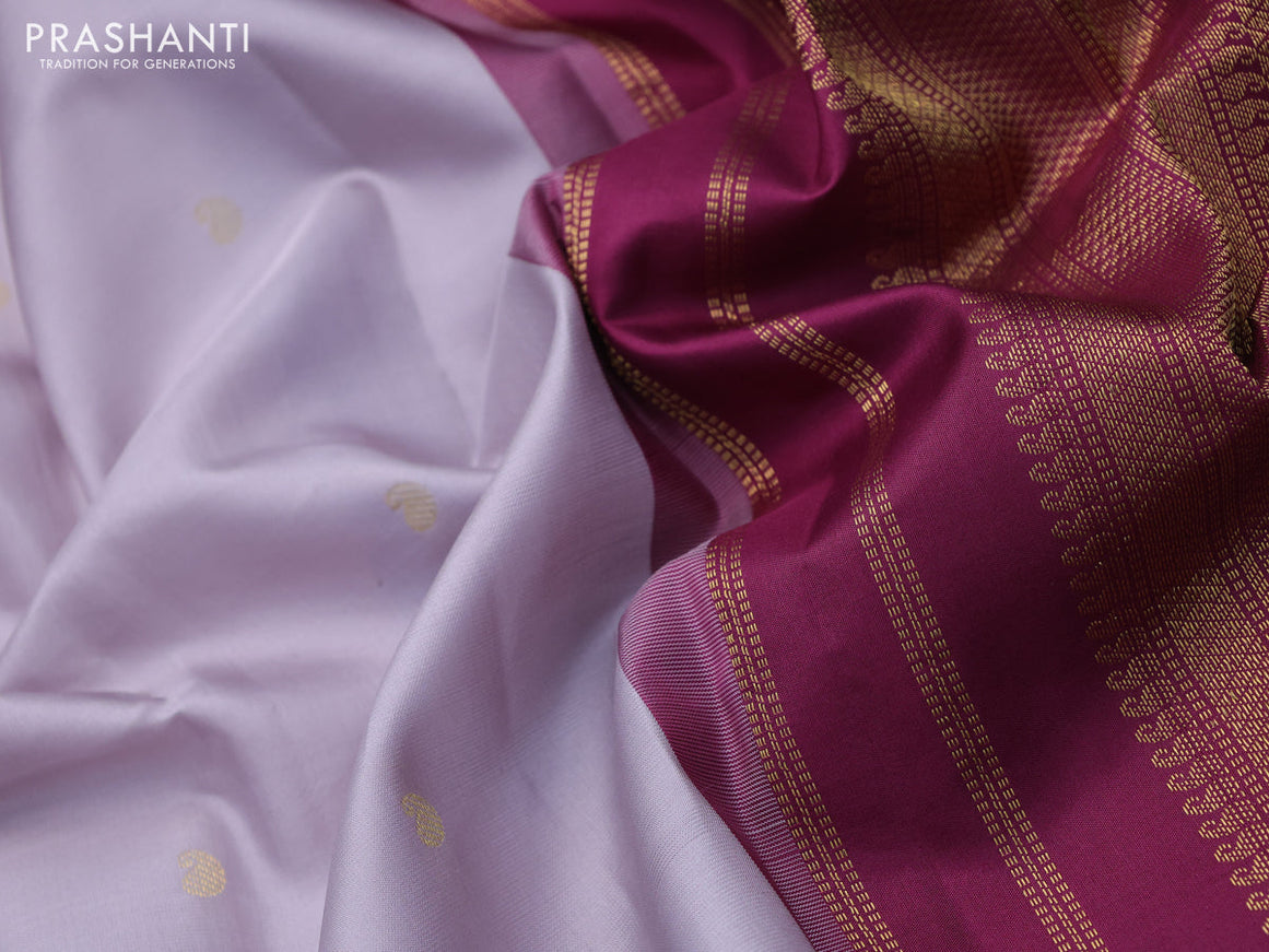 Pure kanchipuram silk saree pastel lavender and dark magenta pink with zari woven buttas and zari woven korvai border