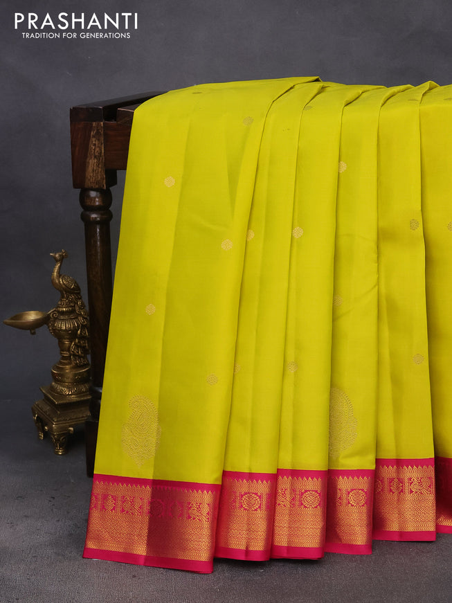 Pure kanchipuram silk saree lime yellow and pink with zari woven buttas and zari woven korvai border