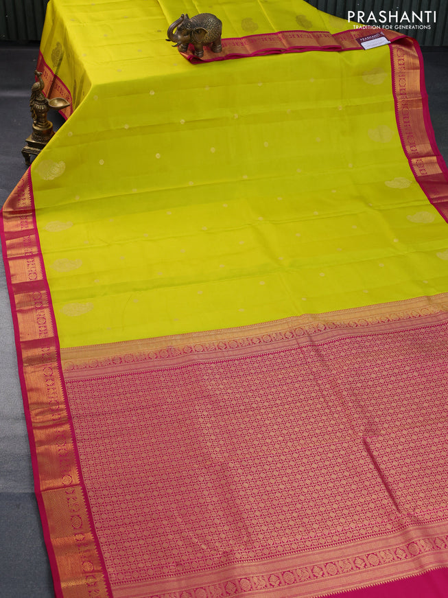 Pure kanchipuram silk saree lime yellow and pink with zari woven buttas and zari woven korvai border