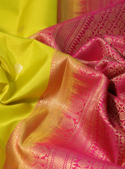 Pure kanchipuram silk saree lime yellow and pink with zari woven buttas and zari woven korvai border