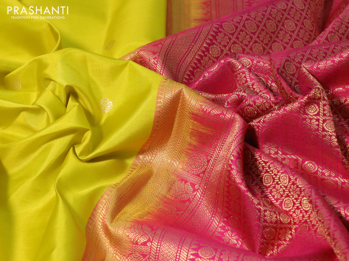 Pure kanchipuram silk saree lime yellow and pink with zari woven buttas and zari woven korvai border