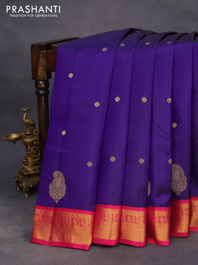 Pure kanchipuram silk saree blue and pink with zari woven buttas and zari woven korvai border