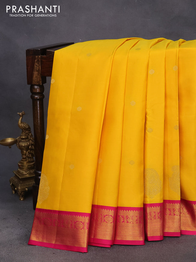 Pure kanchipuram silk saree mango yellow and pink with zari woven buttas and zari woven korvai border