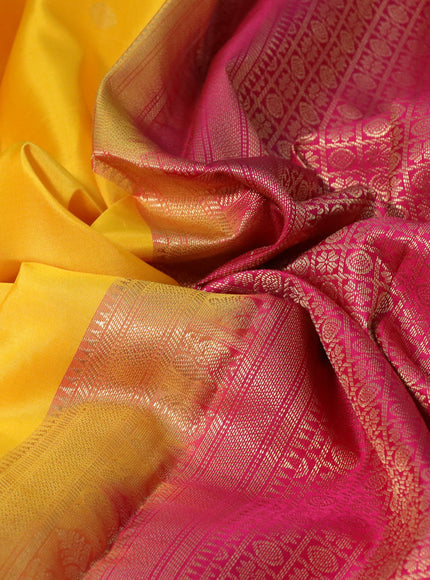 Pure kanchipuram silk saree mango yellow and pink with zari woven buttas and zari woven korvai border