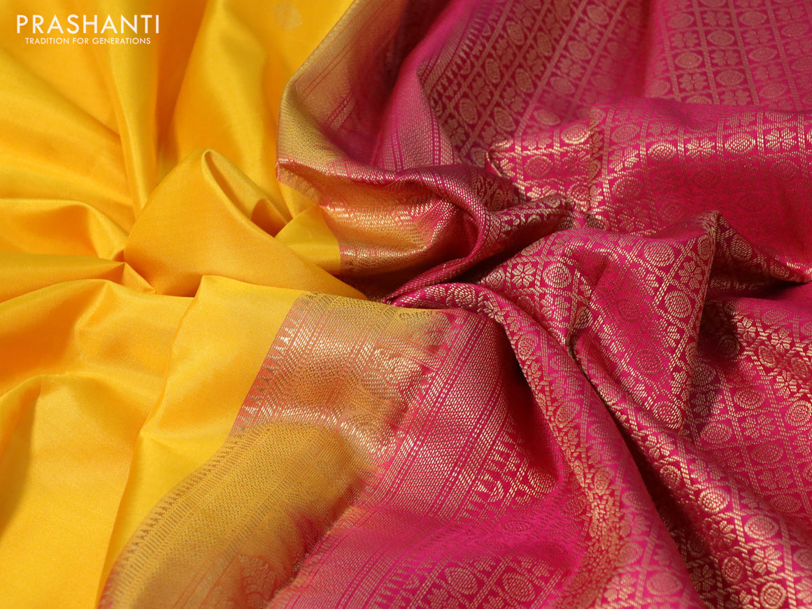 Pure kanchipuram silk saree mango yellow and pink with zari woven buttas and zari woven korvai border