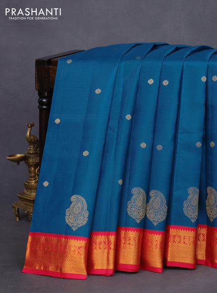 Pure kanchipuram silk saree peacock blue and pink with zari woven buttas and zari woven korvai border