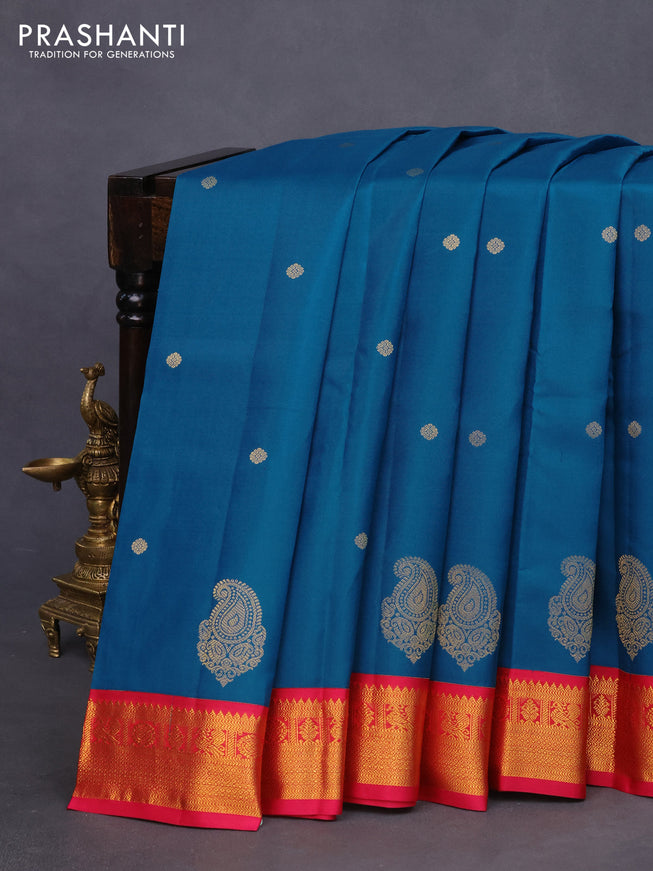 Pure kanchipuram silk saree peacock blue and pink with zari woven buttas and zari woven korvai border