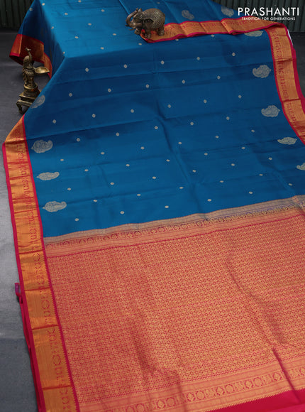 Pure kanchipuram silk saree peacock blue and pink with zari woven buttas and zari woven korvai border