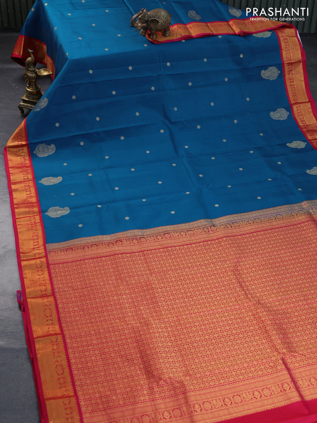 Pure kanchipuram silk saree peacock blue and pink with zari woven buttas and zari woven korvai border