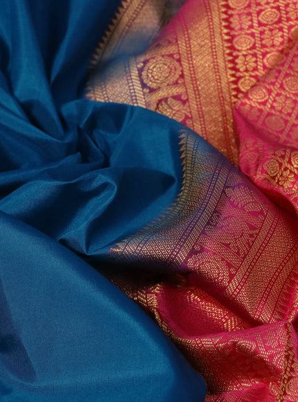 Pure kanchipuram silk saree peacock blue and pink with zari woven buttas and zari woven korvai border