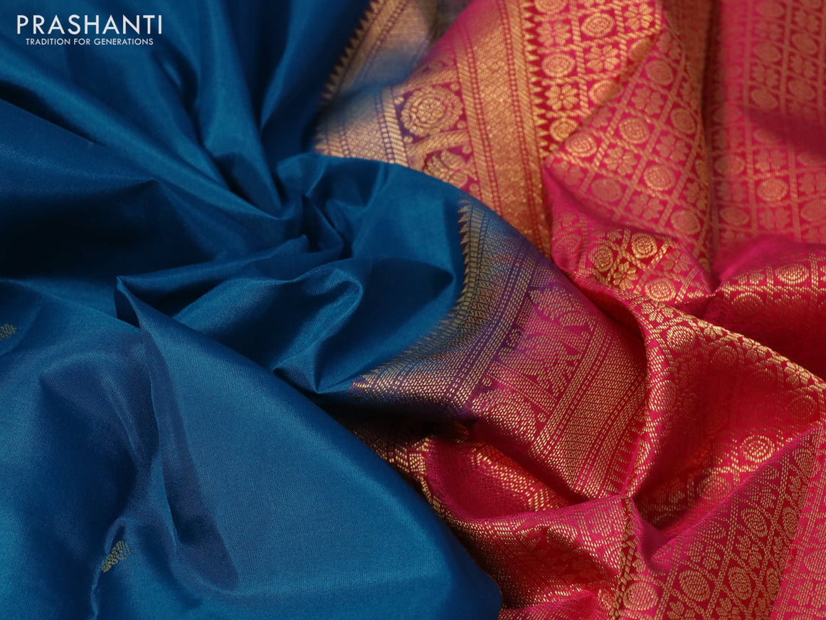 Pure kanchipuram silk saree peacock blue and pink with zari woven buttas and zari woven korvai border