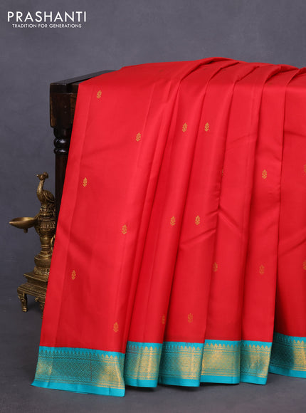 Pure kanchipuram silk saree red and teal blue with zari woven buttas and zari woven korvai border